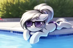 Size: 768x512 | Tagged: safe, ai content, derpibooru import, machine learning generated, novelai, stable diffusion, silver spoon, earth pony, alternate hairstyle, beach chair, chair, clothes, image, lying down, png, poolside, prone, solo, sunglasses, swimming pool, swimsuit