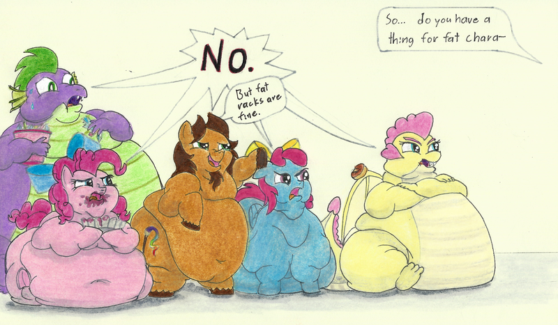 Size: 1600x933 | Tagged: questionable, artist:white-eyed vireo, derpibooru import, pinkie pie, spike, oc, oc:buttercream the dragon, dragon, earth pony, pony, dragoness, fat, fat spike, female, image, morbidly obese, obese, png, pudgy pie