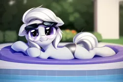 Size: 768x512 | Tagged: safe, derpibooru import, machine learning generated, novelai, stable diffusion, silver spoon, earth pony, alternate hairstyle, beach chair, chair, clothes, glasses, image, looking at you, lying down, png, poolside, prone, smiling, solo, sunglasses, swimming pool, swimsuit, tail, tail wrap