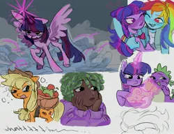 Size: 3000x2300 | Tagged: safe, artist:dulcesilly, derpibooru import, rainbow dash, spike, dragon, earth pony, human, pegasus, pony, equestria girls, apple, apple basket, arm around neck, art dump, basket, cheek squish, dark skin, fangs, female, food, glow, glowing horn, horn, humanized, image, jpeg, male, mare, one eye closed, scroll, simple background, spread wings, squishy cheeks, white background, wings