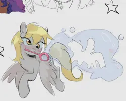 Size: 1516x1213 | Tagged: safe, artist:dulcesilly, derpibooru import, derpy hooves, pegasus, pony, blowing bubbles, blushing, bubble wand, cute, derpabetes, female, image, jpeg, mare, mouth hold, offscreen character, simple background, solo focus, white background