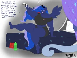 Size: 4000x3000 | Tagged: suggestive, artist:astrum, derpibooru import, part of a set, princess luna, alicorn, anthro, plantigrade anthro, abs, amazon, anklet, bag, barefoot, bed, biceps, big breasts, blushing, booty shorts, bottle, breasts, busty princess luna, chips, cleavage, clothes, controller, crown, curvy, cute, cute little fangs, deltoids, dialogue, digital art, drink, ethereal hair, ethereal mane, ethereal tail, excited, eyes closed, fangs, feet, female, food, guardluna, happy, high res, image, jewelry, leg in air, male, mass effect, muscles, muscular female, n7, necklace, offscreen character, open mouth, open smile, pants, part of a series, pecs, pillow, playstation, playstation 5, png, princess muscle moona, regalia, royal guard, short shirt, sitting, smiling, soda, spread wings, straight, tail, thighs, thunder thighs, triceps, wide hips, wings