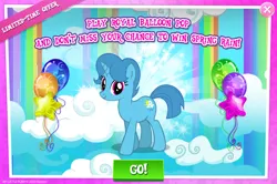 Size: 1960x1298 | Tagged: safe, derpibooru import, official, spring rain, pony, unicorn, advertisement, balloon, balloon pop, english, female, gameloft, horn, image, jpeg, mare, mobile game, my little pony: magic princess, solo, text
