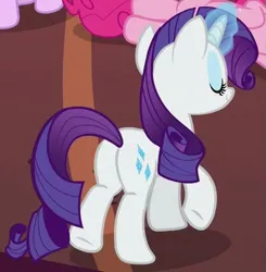 Size: 331x338 | Tagged: safe, derpibooru import, screencap, pinkie pie, rarity, starlight glimmer, every little thing she does, butt, cropped, eyes closed, fiducia compellia, hypnosis, i watch it for the plot, image, jpeg, mind control, plot, rearity