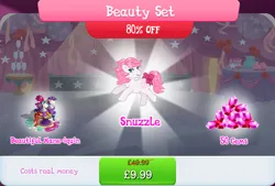 Size: 1266x858 | Tagged: safe, derpibooru import, official, snuzzle, earth pony, pony, g1, bow, bundle, costs real money, english, female, gameloft, gem, image, jpeg, mannequin, mare, mobile game, my little pony: magic princess, numbers, sale, solo, tail, tail bow, text, wig