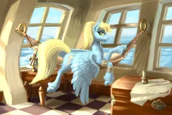 Size: 6000x4000 | Tagged: safe, artist:kirillk, derpibooru import, oc, oc:steam cloud, unofficial characters only, pegasus, pony, background, female, image, jpeg, lying down, mare, ocean, painting, scenery, ship, solo, unshorn fetlocks, water