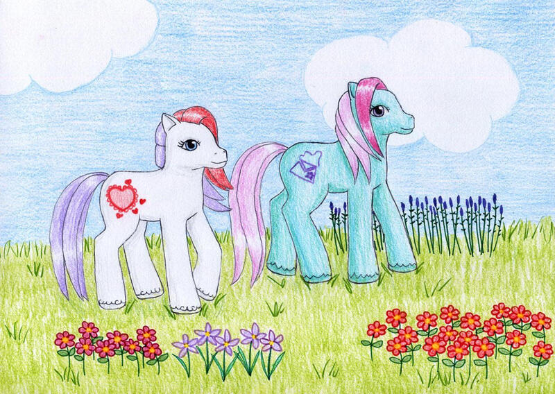 Size: 1104x784 | Tagged: safe, artist:normaleeinsane, derpibooru import, sugar belle (g2), earth pony, pony, g2, cloud, duo, duo female, female, flower, grass, grass field, image, jpeg, outdoors, secret tale, smiling, tail, unshorn fetlocks