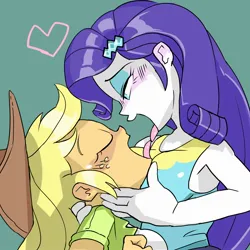 Size: 2000x2000 | Tagged: suggestive, artist:baigak, derpibooru import, applejack, rarity, human, equestria girls, bedroom eyes, blushing, breasts, busty applejack, busty rarity, eyes closed, female, french kiss, green background, hand on face, heart, image, jpeg, kissing, lesbian, open mouth, rarijack, shipping, simple background, tongue out