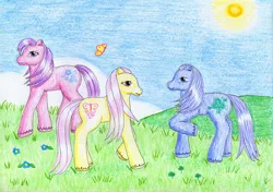 Size: 2918x2054 | Tagged: safe, artist:normaleeinsane, derpibooru import, clever clover, sky skimmer, butterfly, earth pony, insect, pony, g2, female, flower, grass, grass field, image, jpeg, male, mare, morning glory (g2), open mouth, outdoors, raised hoof, secret surprise friends, stallion, sun, tail, unshorn fetlocks