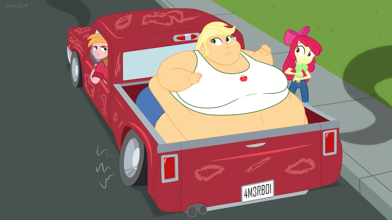 Size: 2560x1440 | Tagged: suggestive, artist:neongothic, derpibooru import, apple bloom, applejack, big macintosh, equestria girls, amplejack, applefat, bbw, belly, big belly, big breasts, bingo wings, breasts, busty applejack, chubby cheeks, double chin, fat, fat ass, fat belly, fat boobs, fat fetish, female, fetish, huge belly, huge breasts, image, immobile, impossibly large belly, impossibly large breasts, impossibly large everything, male, morbidly obese, obese, png, ssbbw, too fat, too fat to fit, truck, weight gain