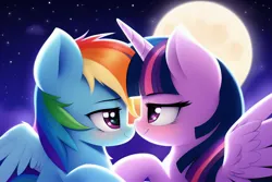 Size: 3072x2048 | Tagged: safe, derpibooru import, machine learning generated, novelai, stable diffusion, rainbow dash, twilight sparkle, twilight sparkle (alicorn), alicorn, pegasus, pony, cute, duo, duo female, female, full moon, horn, image, jpeg, lesbian, lidded eyes, looking at each other, looking at someone, loving gaze, mare, moon, night, night sky, nuzzling, outdoors, shipping, sky, smiling, smiling at each other, spread wings, stars, twidash, wings