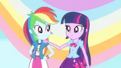 Size: 3072x1727 | Tagged: safe, derpibooru import, screencap, rainbow dash, twilight sparkle, human, equestria girls, rainbow rocks, shake your tail, clothes, cutie mark, cutie mark on clothes, duo, duo female, female, image, jpeg, looking at each other, looking at someone, smiling, smiling at each other