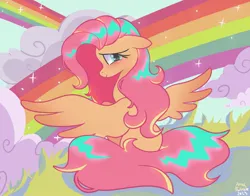 Size: 1368x1074 | Tagged: safe, artist:petaltwinkle, derpibooru import, fluttershy, pegasus, pony, blushing, cute, female, image, jpeg, looking at you, looking back, looking back at you, mare, rainbow, shyabetes, sitting, smiling, smiling at you, solo, spread wings, wings