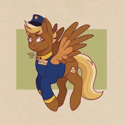 Size: 1080x1080 | Tagged: safe, artist:wyverntooth.clip, derpibooru import, oc, oc:shitfuck, pegasus, pony, blonde, clothes, female, hat, image, jpeg, mare, name tag, red eyes, signature, simple background, spread wings, telegram pony, text, uniform, vulgar, wings