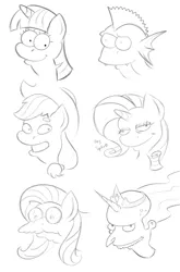 Size: 2160x3263 | Tagged: safe, artist:mightymetalk9, derpibooru import, applejack, fluttershy, princess celestia, rarity, spike, twilight sparkle, alicorn, dragon, earth pony, pegasus, pony, unicorn, bald, female, grayscale, hans moleman, high res, image, male, mare, monochrome, mr. burns, png, simple background, sketch, smiling, the simpsons, white background