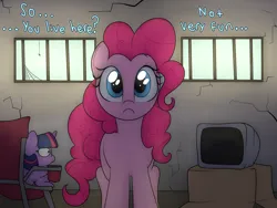 Size: 2400x1800 | Tagged: safe, artist:datte-before-dawn, derpibooru import, pinkie pie, twilight sparkle, spider, :c, cardboard box, chair, concerned, frown, image, judging, looking at you, offscreen character, png, sad, spider web, television, twiggie