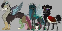 Size: 2139x1071 | Tagged: safe, artist:zowwyroo, derpibooru import, discord, king sombra, queen chrysalis, changeling, changeling queen, draconequus, alternate design, chest fluff, cloven hooves, crown, curved horn, female, fluffy, gray background, horn, image, jewelry, leg fluff, png, redesign, regalia, simple background, tiara, trio, twitterina design