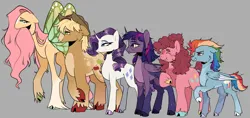 Size: 2906x1375 | Tagged: safe, artist:zowwyroo, derpibooru import, applejack, fluttershy, pinkie pie, rainbow dash, rarity, twilight sparkle, twilight sparkle (alicorn), alicorn, earth pony, pegasus, pony, unicorn, alternate design, applejack's hat, butterfly wings, cheek fluff, cloven hooves, cowboy hat, diverse body types, glasses, hat, height difference, image, mane six, png, redesign, short tail, tail, tallershy, twitterina design, unshorn fetlocks, wings