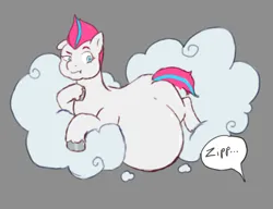 Size: 876x673 | Tagged: suggestive, anonymous artist, derpibooru import, zipp storm, pegasus, pony, g5, ..., belly, big belly, chubby cheeks, cloud, eyebrows, fat, fat fetish, fetish, huge belly, image, png, raised eyebrow, solo, speech bubble, zipp slob