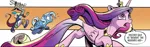 Size: 800x251 | Tagged: safe, artist:andypriceart, derpibooru import, idw, discord, princess cadance, trixie, alicorn, draconequus, unicorn, spoiler:comic, spoiler:comic102, comic panel, cropped, image, long hair, long mane, long tail, png, running, tail