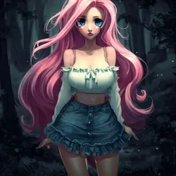 Size: 900x900 | Tagged: safe, derpibooru import, machine learning generated, stable diffusion, fluttershy, human, equestria girls, legend of everfree, big breasts, blushing, breasts, busty fluttershy, clothes, denim, denim skirt, female, forest, humanized, image, jpeg, looking at you, midriff, night, skirt, solo, standing, tree, wrong eye color
