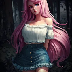Size: 900x900 | Tagged: safe, derpibooru import, machine learning generated, stable diffusion, fluttershy, human, equestria girls, legend of everfree, arm behind back, clothes, denim, denim skirt, female, forest, frills, humanized, image, jpeg, looking at you, miniskirt, night, skirt, solo, standing, tree, wrong eye color