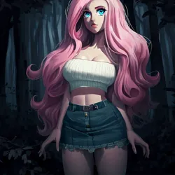 Size: 900x900 | Tagged: safe, derpibooru import, machine learning generated, stable diffusion, fluttershy, bare shoulders, big breasts, breasts, busty fluttershy, cleavage, clothes, denim, denim skirt, forest, image, jpeg, midriff, miniskirt, night, skirt, solo, standing, strapless, tree, tube top, wrong eye color
