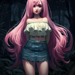 Size: 900x900 | Tagged: safe, derpibooru import, machine learning generated, stable diffusion, fluttershy, human, equestria girls, legend of everfree, bare shoulders, clothes, denim, denim skirt, female, forest, frills, humanized, image, jpeg, looking at you, midriff, miniskirt, night, skirt, solo, standing, strapless, tree