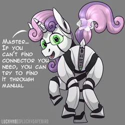 Size: 3000x3000 | Tagged: suggestive, artist:luckynb, derpibooru import, sweetie belle, pony, robot, robot pony, unicorn, butt, dialogue, dock, image, looking at you, looking back, looking back at you, magic, open mouth, plot, plug, png, sweetie bot, sweetie butt, tail, tail pull, telekinesis, usb