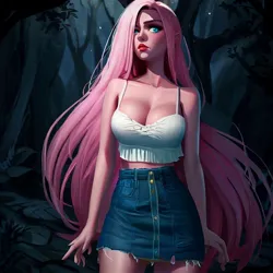 Size: 900x900 | Tagged: suggestive, derpibooru import, machine learning generated, stable diffusion, fluttershy, equestria girls, legend of everfree, big breasts, blushing, breasts, busty fluttershy, cleavage, clothes, denim, denim skirt, forest, image, jpeg, midriff, miniskirt, night, skirt, solo, tanktop, tree, wrong eye color