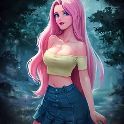 Size: 900x900 | Tagged: suggestive, derpibooru import, machine learning generated, stable diffusion, fluttershy, human, equestria girls, legend of everfree, bare shoulders, big breasts, blushing, breasts, busty fluttershy, cleavage, clothes, denim, denim skirt, female, forest, humanized, image, jpeg, looking at you, midriff, miniskirt, night, skirt, smiling, smiling at you, solo, standing, strapless, tree, wrong eye color