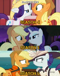 Size: 2458x3072 | Tagged: safe, derpibooru import, edit, edited screencap, editor:itsmgh1203, screencap, applejack, rarity, earth pony, pony, unicorn, made in manehattan, ppov, season 4, season 5, season 6, simple ways, applejack's hat, cowboy hat, duo, duo female, female, frown, hat, image, jpeg, mare, night, open mouth, smiling, sweet apple acres, text
