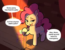 Size: 1671x1293 | Tagged: artist needed, safe, derpibooru import, pinkie pie, oc, oc:anon, 4chan, comedy, drawthread, image, joke, jpeg, microphone, smug, stage