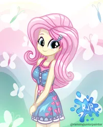 Size: 2015x2490 | Tagged: safe, artist:rjp.rammy, derpibooru import, fluttershy, butterfly, human, insect, equestria girls, equestria girls series, bare shoulders, blushing, breasts, clothes, cute, cutie mark, cutie mark on clothes, dress, eyeshadow, female, hairpin, image, looking at you, makeup, png, reasonably sized breasts, shyabetes, signature, sleeveless, smiling, smiling at you, solo