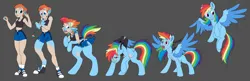 Size: 5100x1655 | Tagged: safe, artist:atcpony, derpibooru import, rainbow dash, human, pegasus, pony, clothes, colored wings, female, floppy ears, flying, gray background, high res, human to pony, image, missing cutie mark, open mouth, png, ripping clothes, simple background, spread wings, teary eyes, transformation, transformation sequence, two toned wings, wings
