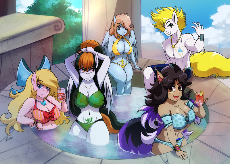 Size: 1817x1295 | Tagged: suggestive, artist:traupa, derpibooru import, oc, oc:alabastor amril, oc:alexus nictivia, oc:bay breeze, oc:cannon car, oc:lusty symphony, unofficial characters only, anthro, earth pony, pegasus, absolute cleavage, adorasexy, agent alabastor amril, belly button, belly piercing, bikini, bow, breasts, cleavage, clothes, cute, drink, ear piercing, earring, group, hair bow, harem, heterochromia, hot tub, image, inviting you, jewelry, jpeg, male, muscles, muscular male, necklace, pendant, piercing, ponytail, sexy, swimsuit, tattoo, wings, womb tattoo