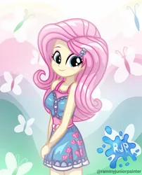 Size: 1080x1335 | Tagged: safe, artist:rjp.rammy, derpibooru import, fluttershy, butterfly, human, insect, equestria girls, equestria girls series, bare shoulders, blushing, breasts, clothes, cute, cutie mark, cutie mark on clothes, female, hairpin, image, jpeg, looking at you, reasonably sized breasts, shyabetes, signature, sleeveless, smiling, smiling at you, solo