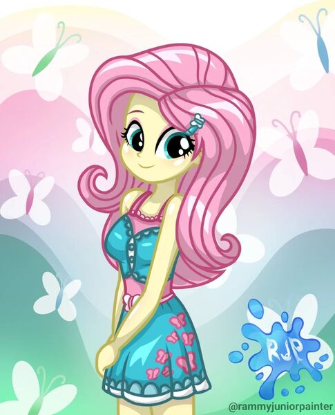 Size: 1080x1335 | Tagged: safe, alternate version, artist:rjp.rammy, derpibooru import, fluttershy, butterfly, human, insect, equestria girls, equestria girls series, bare shoulders, blushing, breasts, clothes, cute, cutie mark, cutie mark on clothes, female, hairpin, image, jpeg, looking at you, reasonably sized breasts, shyabetes, signature, sleeveless, smiling, smiling at you, solo