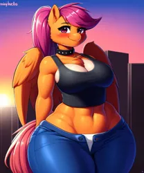 Size: 2560x3072 | Tagged: suggestive, derpibooru import, editor:parzive1, machine learning generated, purplesmart.ai, stable diffusion, scootaloo, anthro, pegasus, pony, belly button, big breasts, blushing, bra, breasts, buff, busty scootaloo, city, clothes, collar, crop top bra, denim, female, giant pony, giantess, high res, image, jeans, long hair, looking at you, macro, mare, muscles, older, pants, png, ponytail, sexy, smiling, solo, stupid sexy scootaloo, sunrise, underwear, wide hips, wings