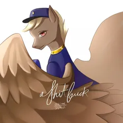 Size: 1080x1080 | Tagged: safe, artist:0x1_loml, derpibooru import, oc, oc:shitfuck, pegasus, pony, blonde, clothes, female, forced meme, hat, image, looking at you, mare, meme, png, red eyes, simple background, spread wings, telegram pony, uniform, vulgar, white background, wings