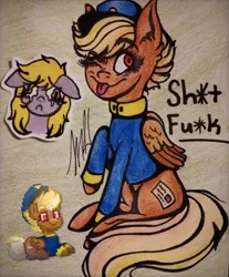 Size: 1080x1306 | Tagged: safe, artist:_.fairy.skeleton._, derpibooru import, derpy hooves, oc, oc:shitfuck, pegasus, pony, pony town, blonde, clothes, female, forced meme, hat, image, mare, meme, one eye closed, png, raised hoof, red eyes, simple background, sitting, telegram pony, text, tongue out, uniform, vulgar, wings, wink
