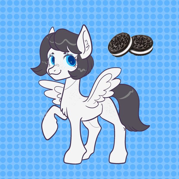 Size: 2048x2048 | Tagged: safe, artist:art_alanis, derpibooru import, oc, oc:oreo creme, unofficial characters only, pegasus, pony, cookie, female, food, image, jpeg, oreo, pegasus oc, solo, wings