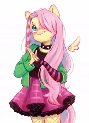Size: 755x1038 | Tagged: safe, artist:melodylibris, derpibooru import, fluttershy, anthro, pegasus, pony, blushing, choker, clothes, cute, dtiys emoflat, ear blush, evening gloves, female, fingerless elbow gloves, fingerless gloves, fishnets, floating wings, gloves, grin, hands together, image, jacket, jpeg, long gloves, mare, plaid skirt, shyabetes, simple background, skirt, smiling, solo, spiked choker, striped gloves, white background, wings