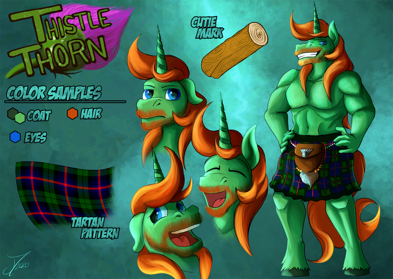 Size: 1500x1065 | Tagged: safe, artist:jamescorck, derpibooru import, oc, oc:thistle thorn, anthro, pony, unguligrade anthro, unicorn, clothes, image, kilt, male, png, solo, stallion, tartan