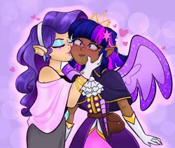 Size: 2048x1736 | Tagged: safe, artist:indigohatetrain, derpibooru import, rarity, twilight sparkle, human, crown, duo, elf ears, female, horn wand, humanized, image, jewelry, jpeg, lesbian, rarilight, regalia, shipping, winged humanization, wings