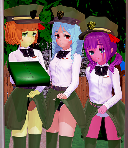 Size: 838x970 | Tagged: artist needed, suggestive, cozy glow, lily longsocks, tag-a-long, equestria girls, belt, black panties, box, breasts, clothes, equestria girls-ified, female, females only, filly, filly scouts, hat, image, koikatsu, orange panties, panties, panty shot, pigtails, png, ribbon, scout uniform, skirt, skirt lift, smiling, smiling at you, stockings, thigh highs, trio, trio female, trio focus, twintail, twintails, underage, underwear, white panties