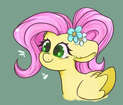 Size: 2017x1723 | Tagged: safe, artist:indigohatetrain, derpibooru import, fluttershy, pegasus, pony, alternate hairstyle, female, flower, flower in hair, green background, image, jpeg, simple background, solo