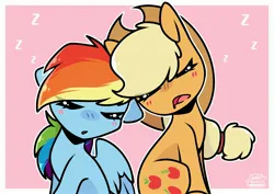 Size: 4093x2894 | Tagged: safe, artist:jellysketch, derpibooru import, applejack, rainbow dash, earth pony, pegasus, pony, appledash, blushing, chibi, cute, female, image, jpeg, lesbian, shipping, sleeping