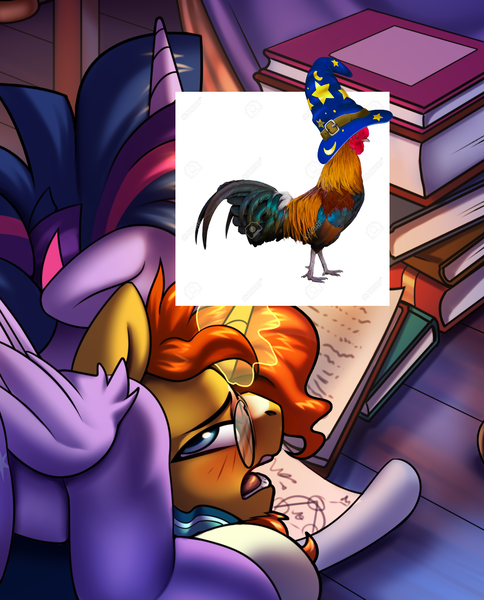 Size: 1076x1334 | Tagged: suggestive, artist:jedayskayvoker, derpibooru import, sunburst, twilight sparkle, twilight sparkle (alicorn), oc, alicorn, pony, unicorn, advertisement, ahegao, blushing, book, cape, clothes, cum, dusk shine, facial, facial hair, gay, glasses, horn, image, library, male, open mouth, patreon, patreon preview, png, rule 63, tongue out, unicorn oc