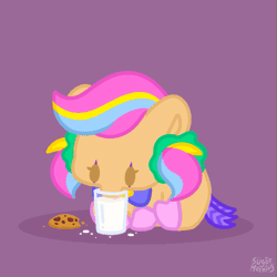 Size: 585x584 | Tagged: safe, artist:sugar morning, artist:yotesmark, derpibooru import, oc, oc:joyance, unofficial characters only, original species, pony, baby, baby pony, chibi, clown, commission, cookie, crossover, cute, digital art, drink, drinking, female, filly, foal, food, gif, highlights, image, milk, pink hair, pixel art, snacks, solo, video game, ych animation, ych example, ych result, your character here
